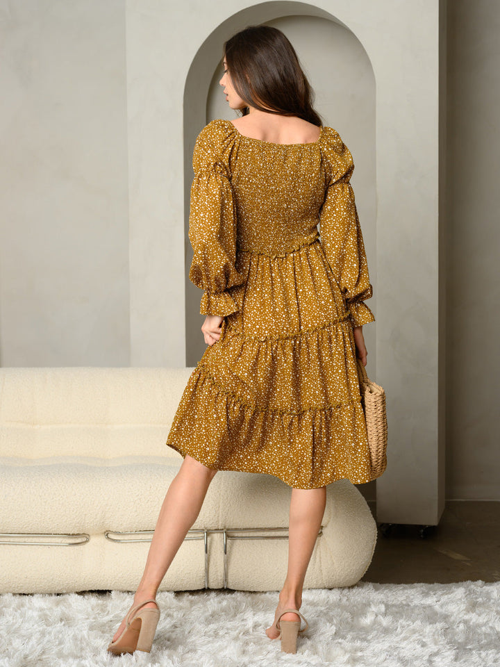 WOMEN'S LONG PUFF SLEEVE SMOCKING TIERED MIDI DRESS