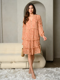 WOMEN'S DITSY FLORAL PRINT V-NECK BUTTON TIERED MIDI DRESS