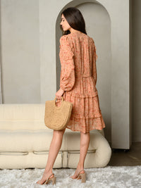 WOMEN'S DITSY FLORAL PRINT V-NECK BUTTON TIERED MIDI DRESS