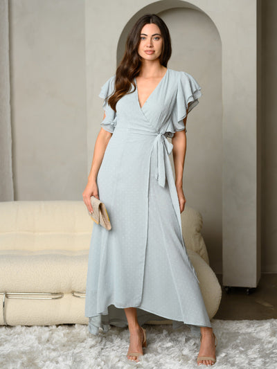 WOMEN'S SWISS DOT SURPLICE V-NECK RUFFLE SLEEVE MAXI DRESS