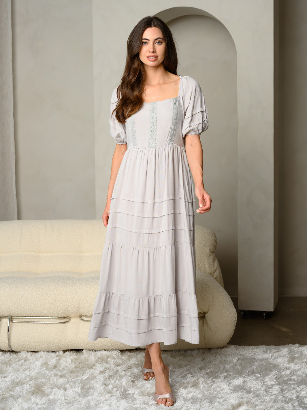 WOMEN'S SQUARE NECK WITH LACE DETAIL FRONT MAXI DRESS