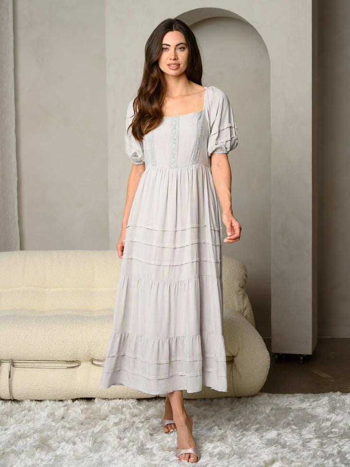 WOMEN'S SQUARE NECK WITH LACE DETAIL FRONT MAXI DRESS