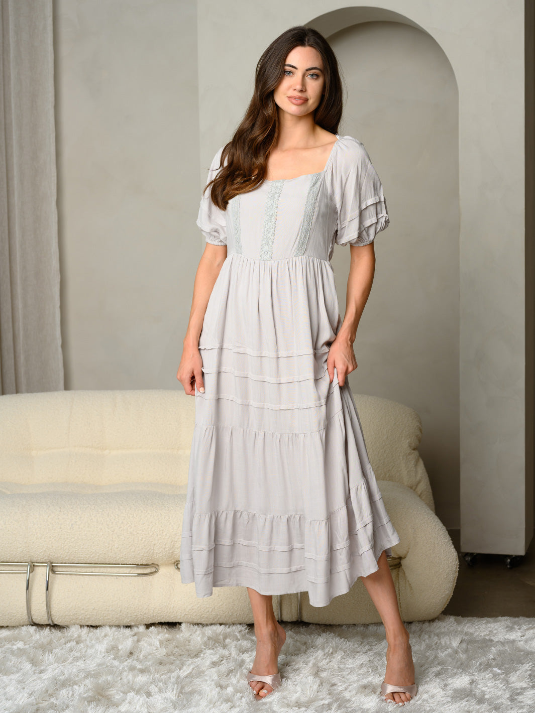 WOMEN'S SQUARE NECK WITH LACE DETAIL FRONT MAXI DRESS