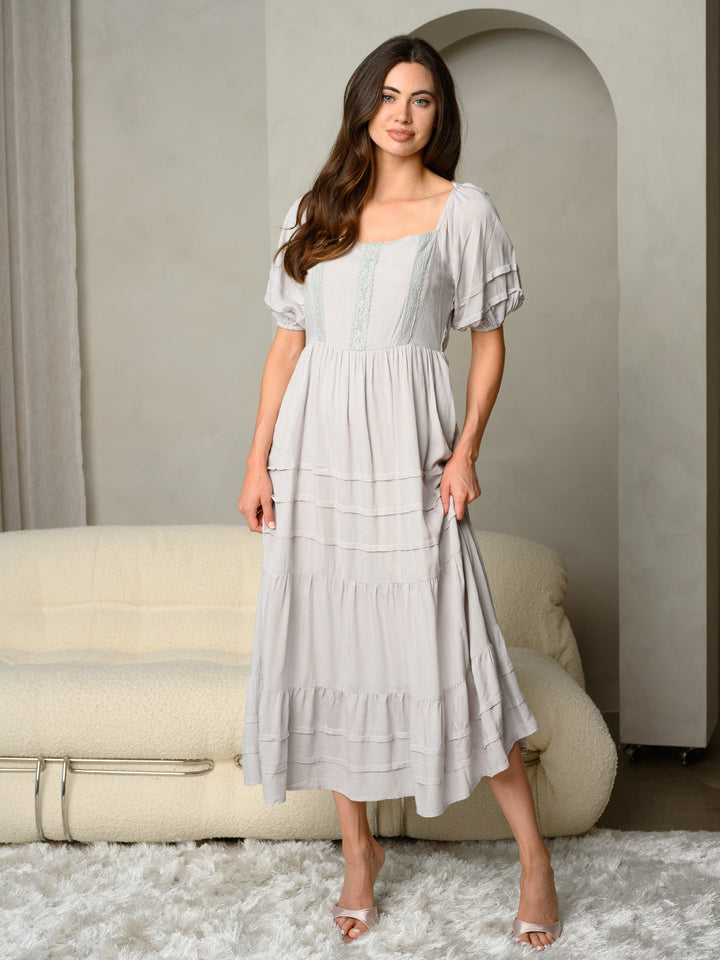 WOMEN'S SQUARE NECK WITH LACE DETAIL FRONT MAXI DRESS