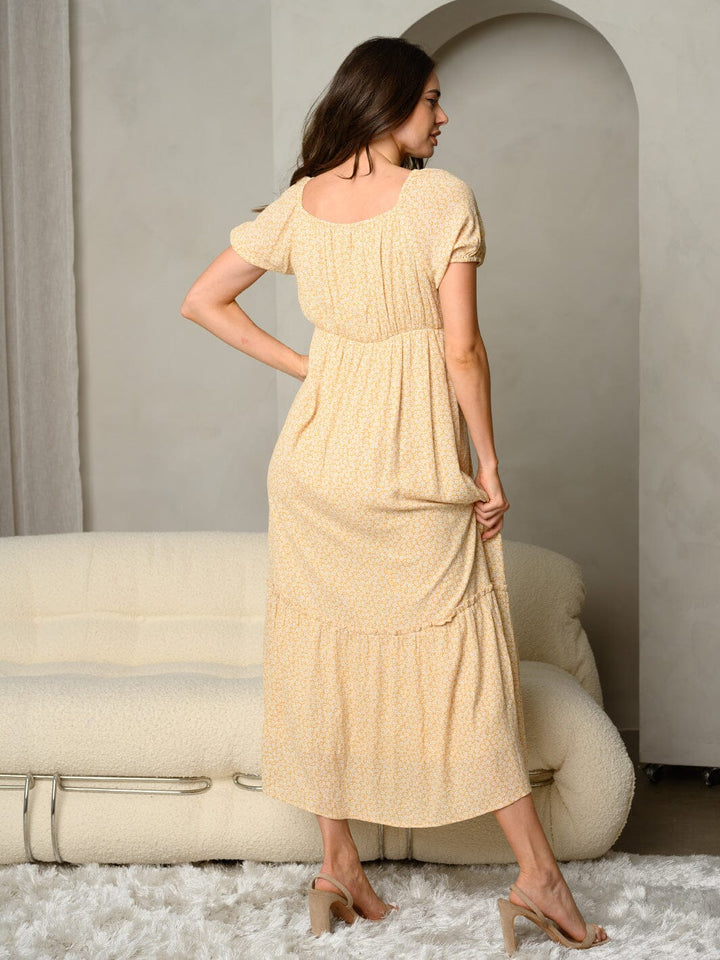 WOMEN'S DITSY FLORAL PRINT V-NECK WITH RUFFLE DETAIL MAXI DRESS