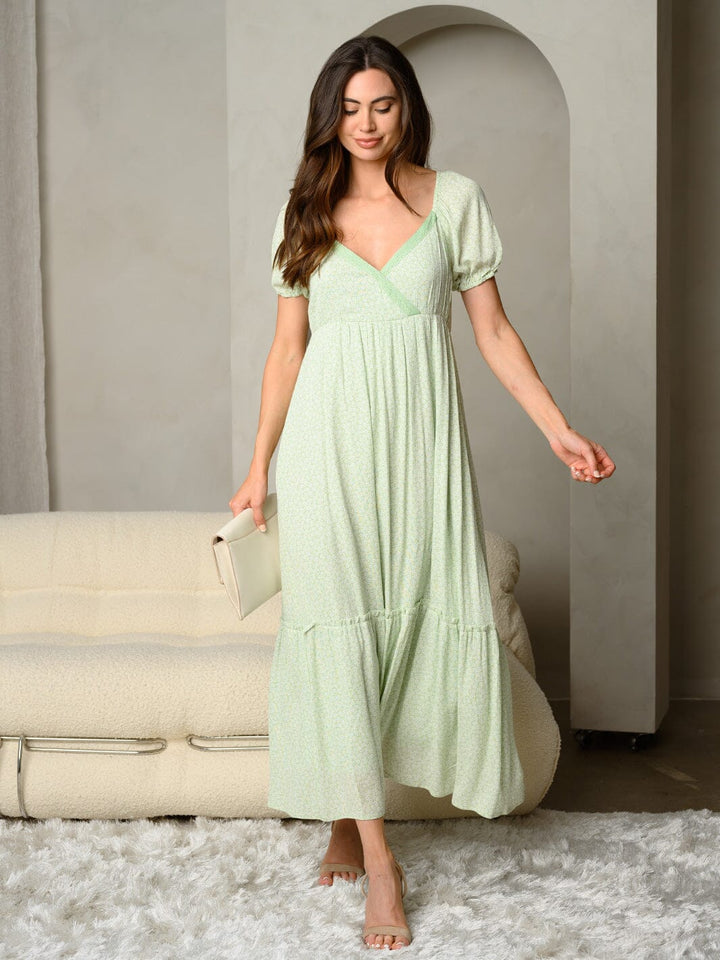 WOMEN'S DITSY FLORAL PRINT V-NECK WITH RUFFLE DETAIL MAXI DRESS