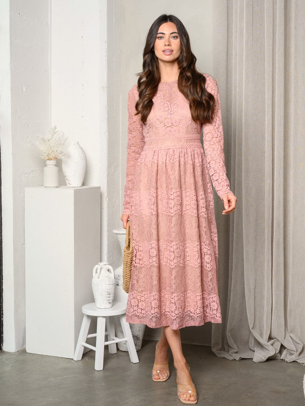 WOMEN'S LONG SLEEVE ALL OVER LACE MIDI DRESS