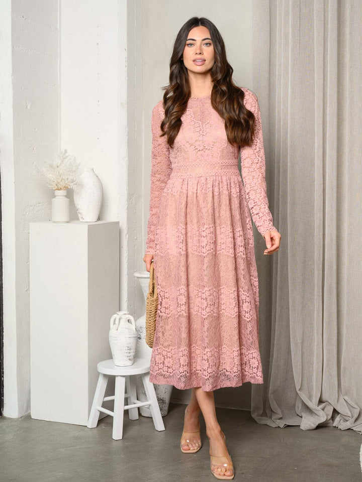 WOMEN'S LONG SLEEVE ALL OVER LACE MIDI DRESS