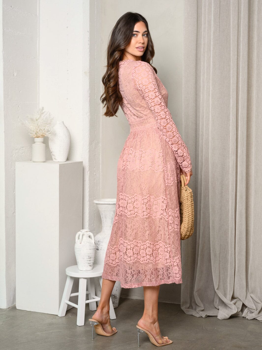 WOMEN'S LONG SLEEVE ALL OVER LACE MIDI DRESS