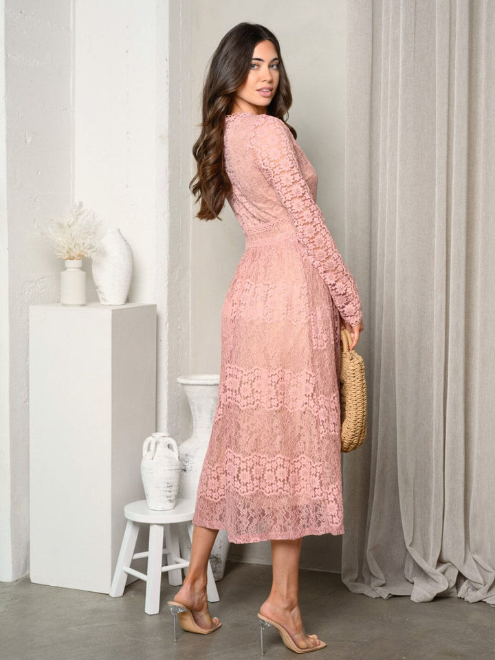 WOMEN'S LONG SLEEVE ALL OVER LACE MIDI DRESS