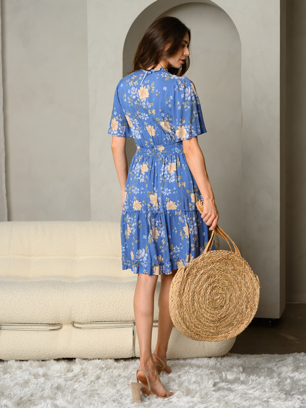 WOMEN'S SHORT SLEEVE FLORAL PRINT SMOCK WAIST MINI DRESS