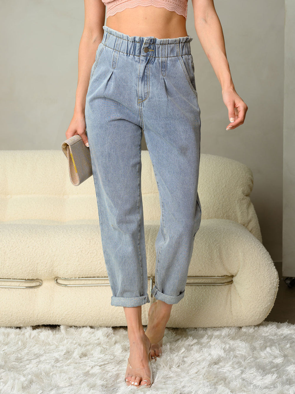 WOMEN'S PAPER BAG BUTTON & ZIP CLOSURE FRONT WITH POCKETS DENIM JEANS