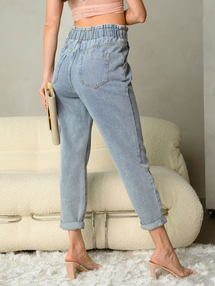 WOMEN'S PAPER BAG BUTTON & ZIP CLOSURE FRONT WITH POCKETS DENIM JEANS