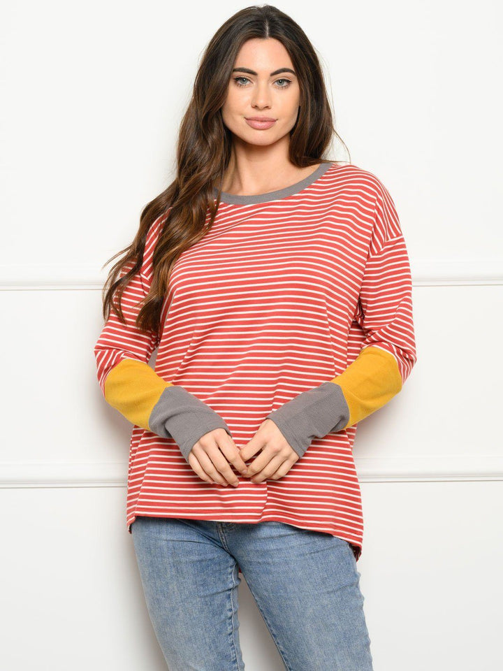 WOMEN'S LONG SLEEVE COLORBLOCK STRIPES TOP