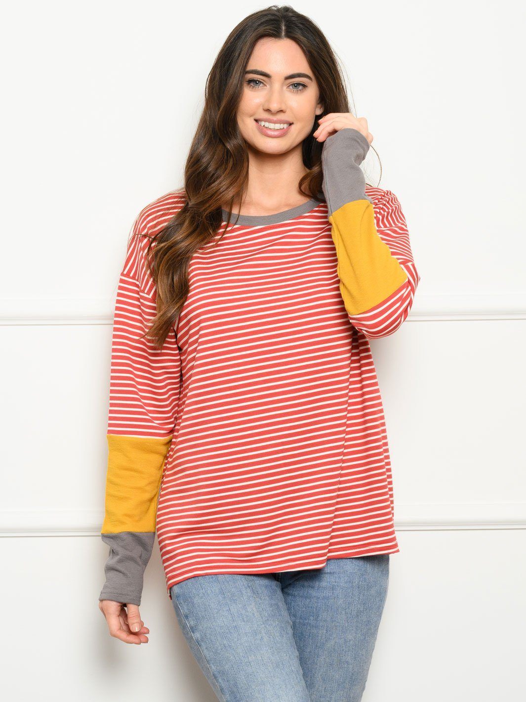 WOMEN'S LONG SLEEVE COLORBLOCK STRIPES TOP