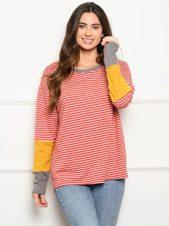 WOMEN'S LONG SLEEVE COLORBLOCK STRIPES TOP