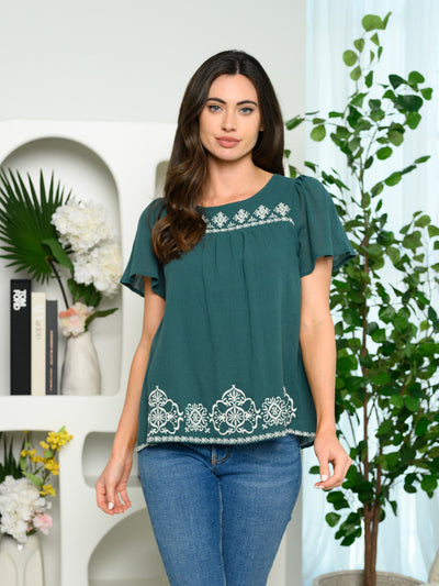 WOMEN'S SHORT SLEEVE EMBROIDERY DETAIL TOP