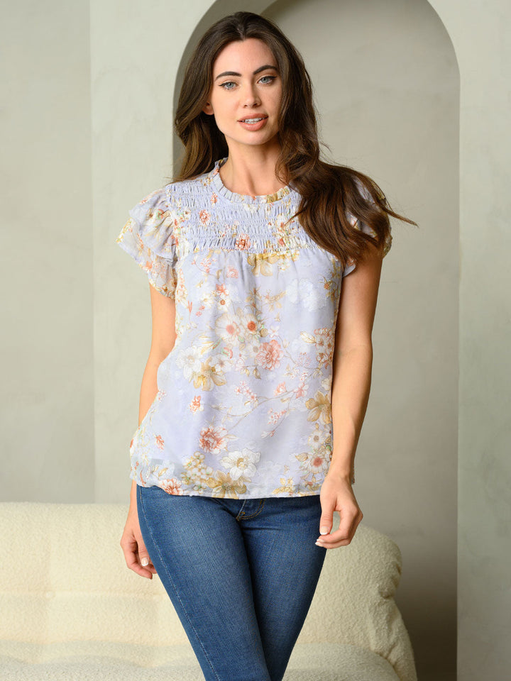 WOMEN'S YOKE BLOUSE WITH SMOCKING NECK DETAIL SHORT RUFFLE SLEEVE TOP