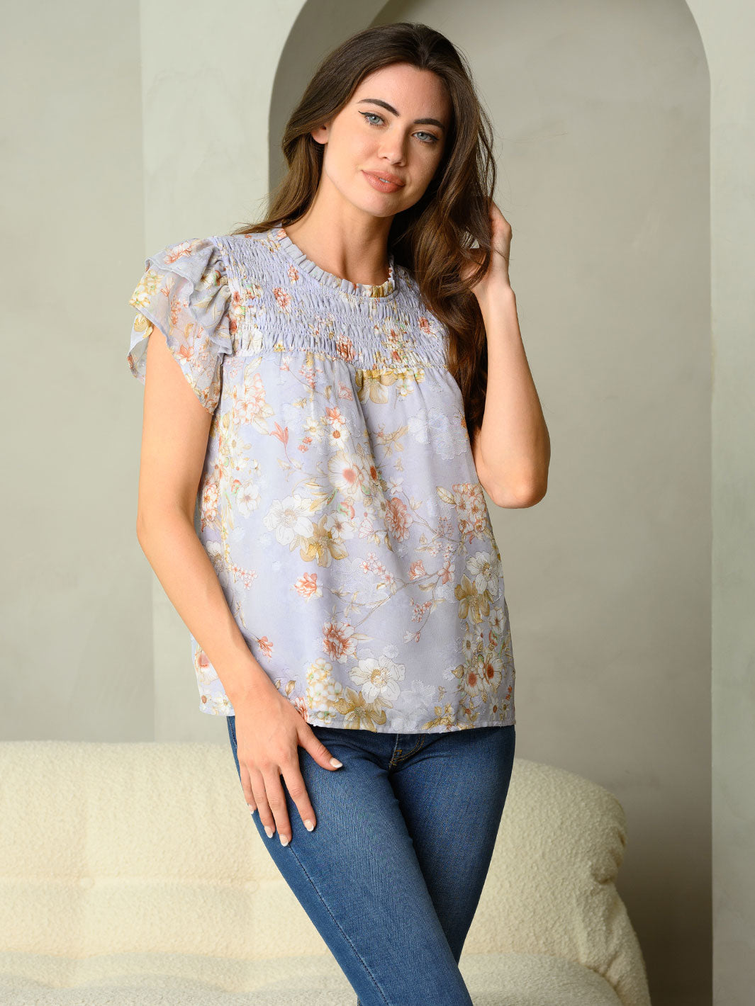 WOMEN'S YOKE BLOUSE WITH SMOCKING NECK DETAIL SHORT RUFFLE SLEEVE TOP