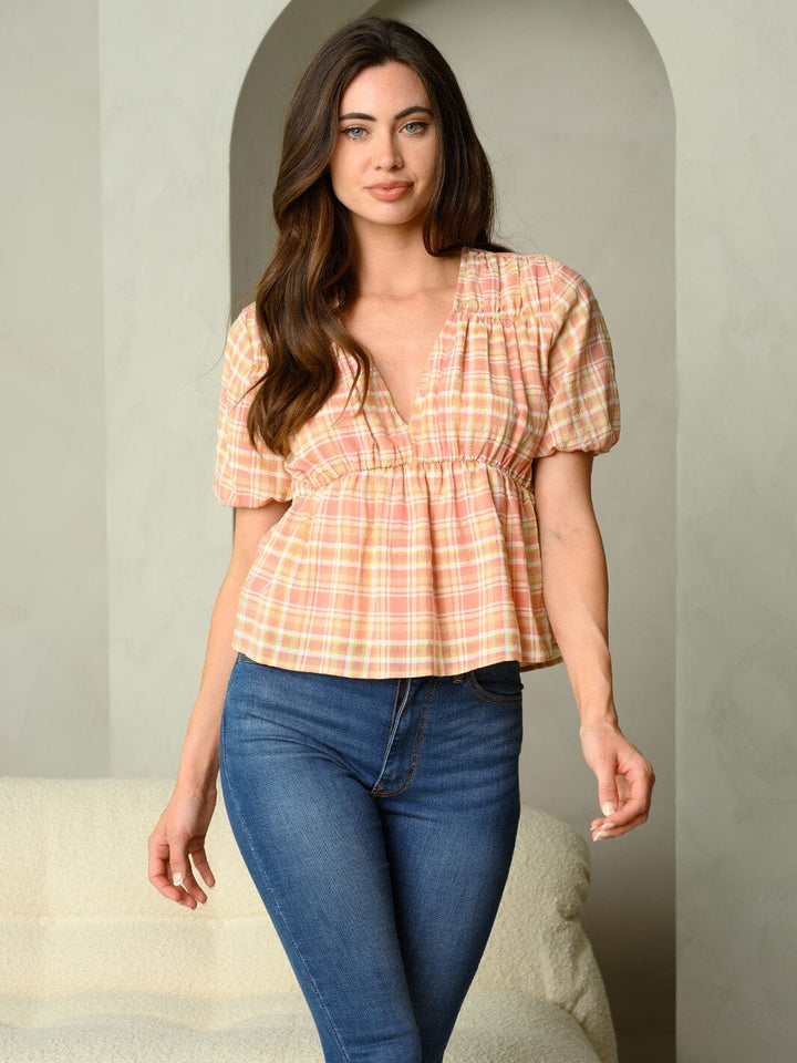 WOMEN'S PLAID PRINT V-NECK PUFF BAND SHORT SLEEVE TOP