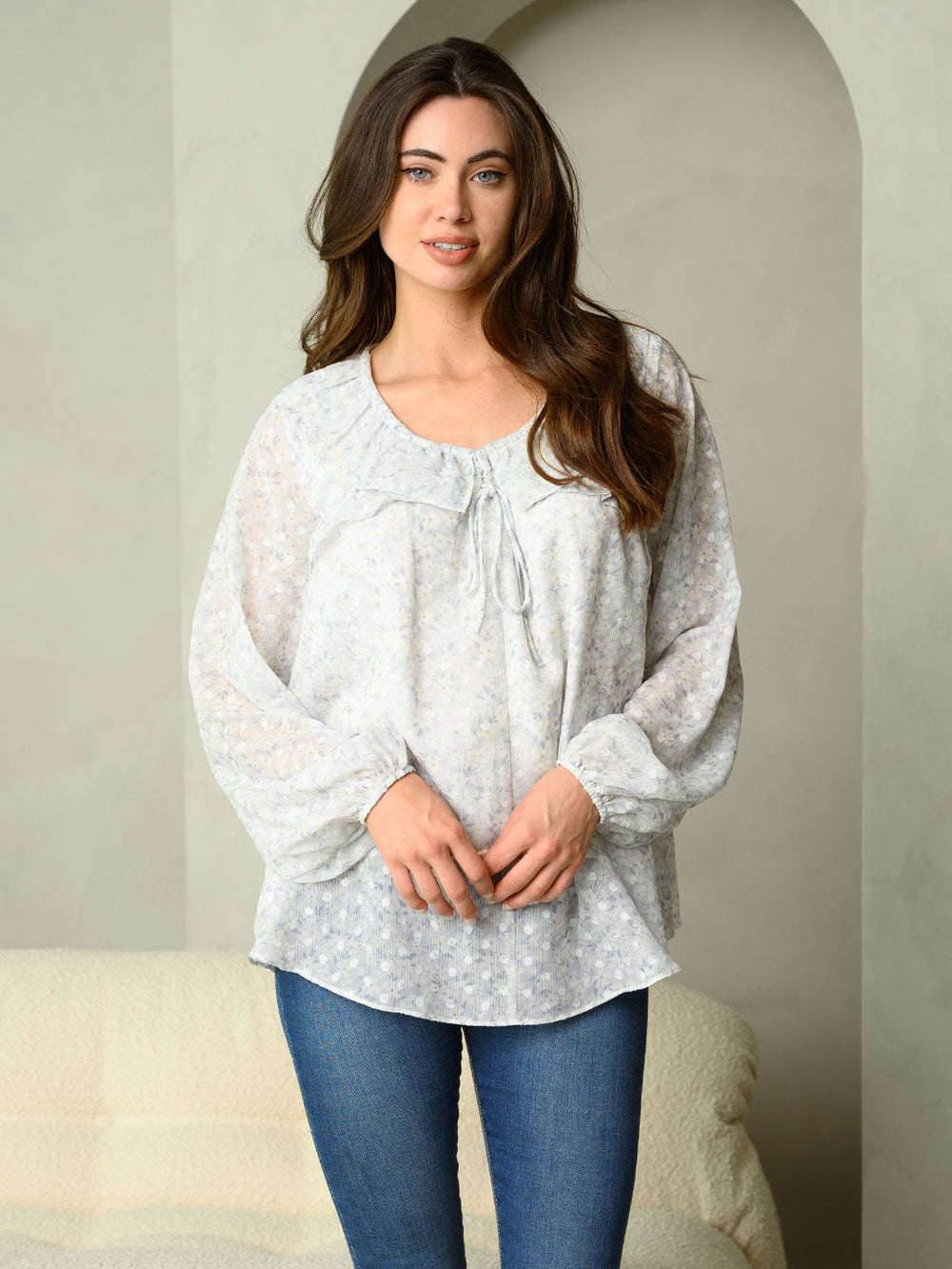 WOMEN'S DITSY FLORAL PRINT FRONT TIE NECK LONG SLEEVE TOP