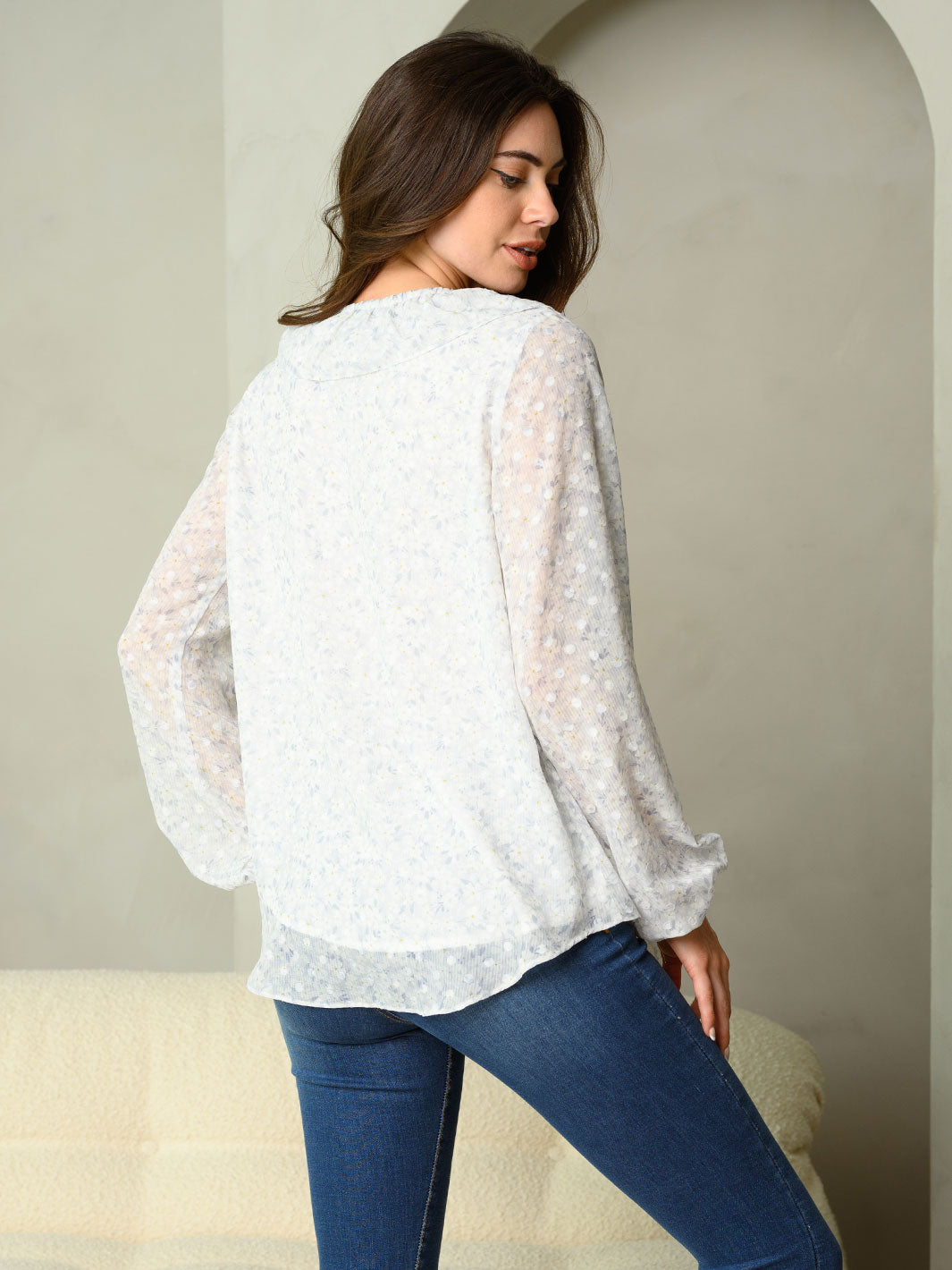 WOMEN'S DITSY FLORAL PRINT FRONT TIE NECK LONG SLEEVE TOP