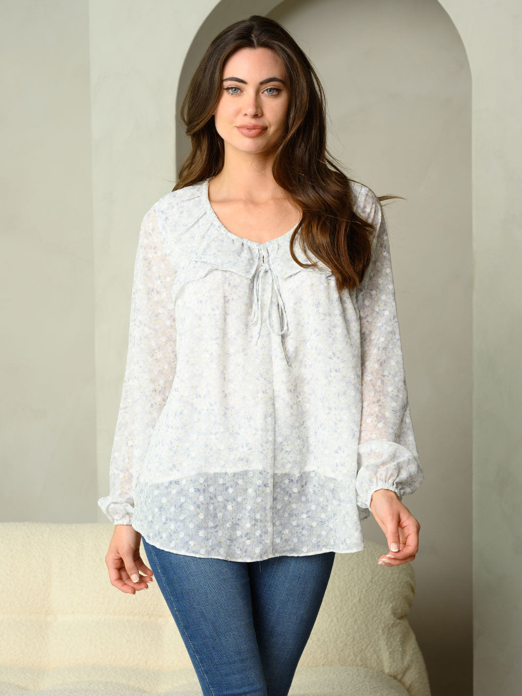 WOMEN'S DITSY FLORAL PRINT FRONT TIE NECK LONG SLEEVE TOP