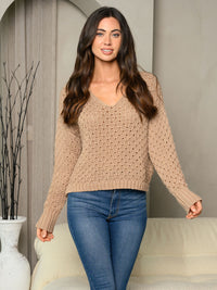 WOMEN'S LONG SLEEVE V-NECK CROCHET SWEATER