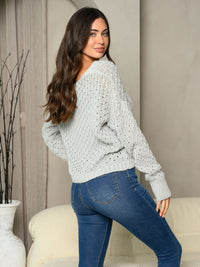 WOMEN'S LONG SLEEVE V-NECK CROCHET SWEATER