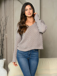WOMEN'S LONG SLEEVE V-NECK CROCHET SWEATER