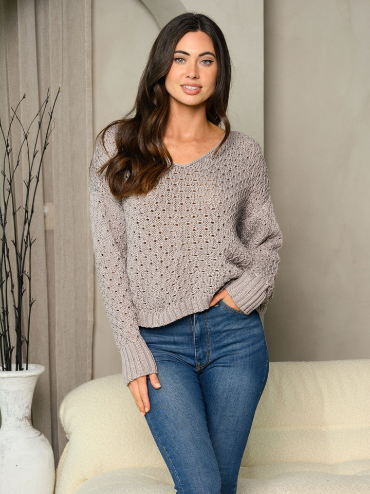 WOMEN'S LONG SLEEVE V-NECK CROCHET SWEATER
