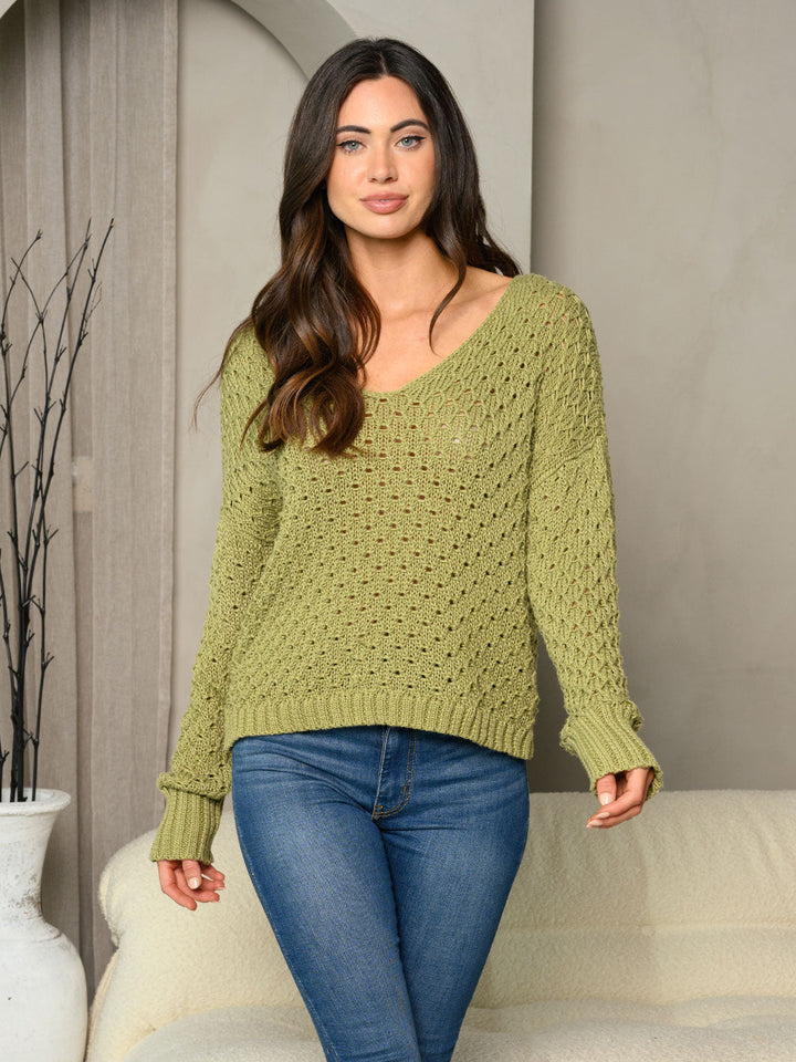 WOMEN'S LONG SLEEVE V-NECK CROCHET SWEATER