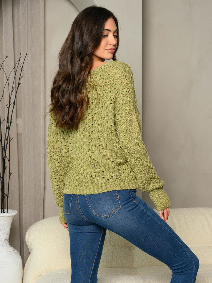 WOMEN'S LONG SLEEVE V-NECK CROCHET SWEATER