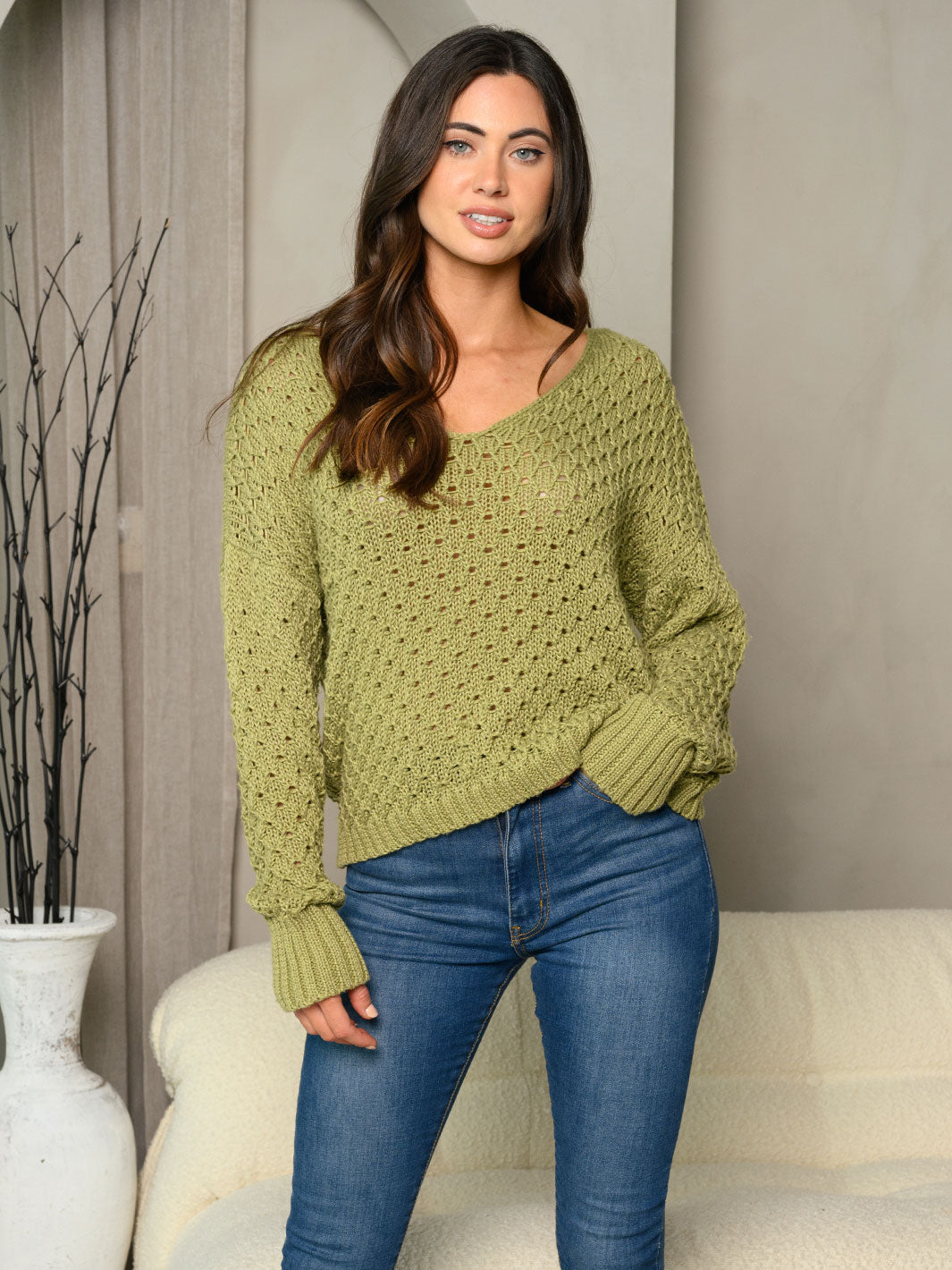 WOMEN'S LONG SLEEVE V-NECK CROCHET SWEATER