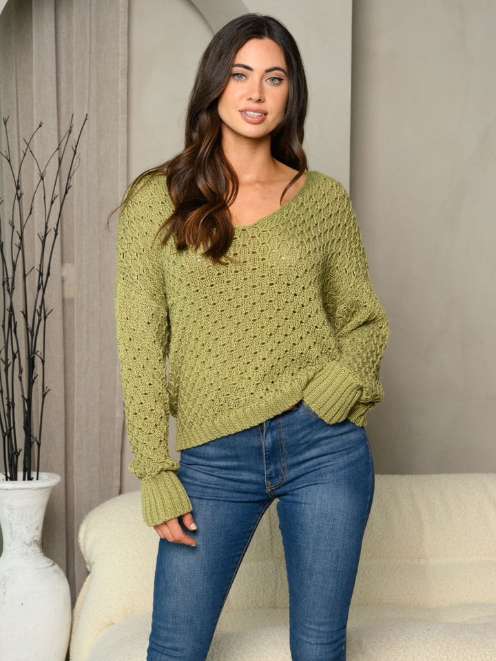 WOMEN'S LONG SLEEVE V-NECK CROCHET SWEATER
