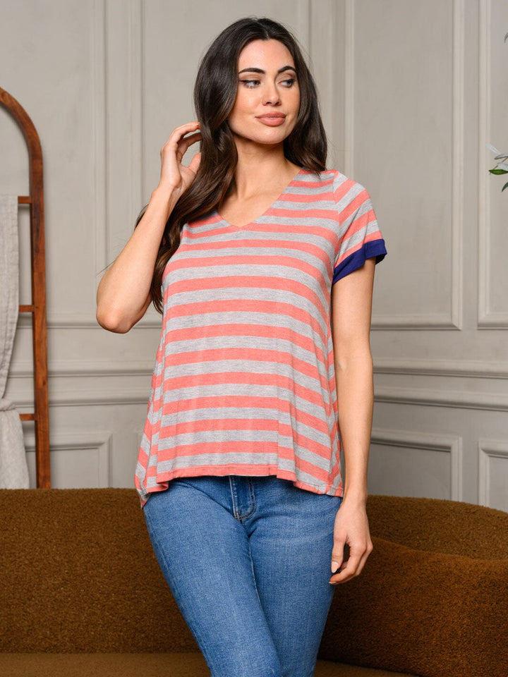 WOMEN'S SHORT SLEEVE STRIPES BACK DETAILED TOP