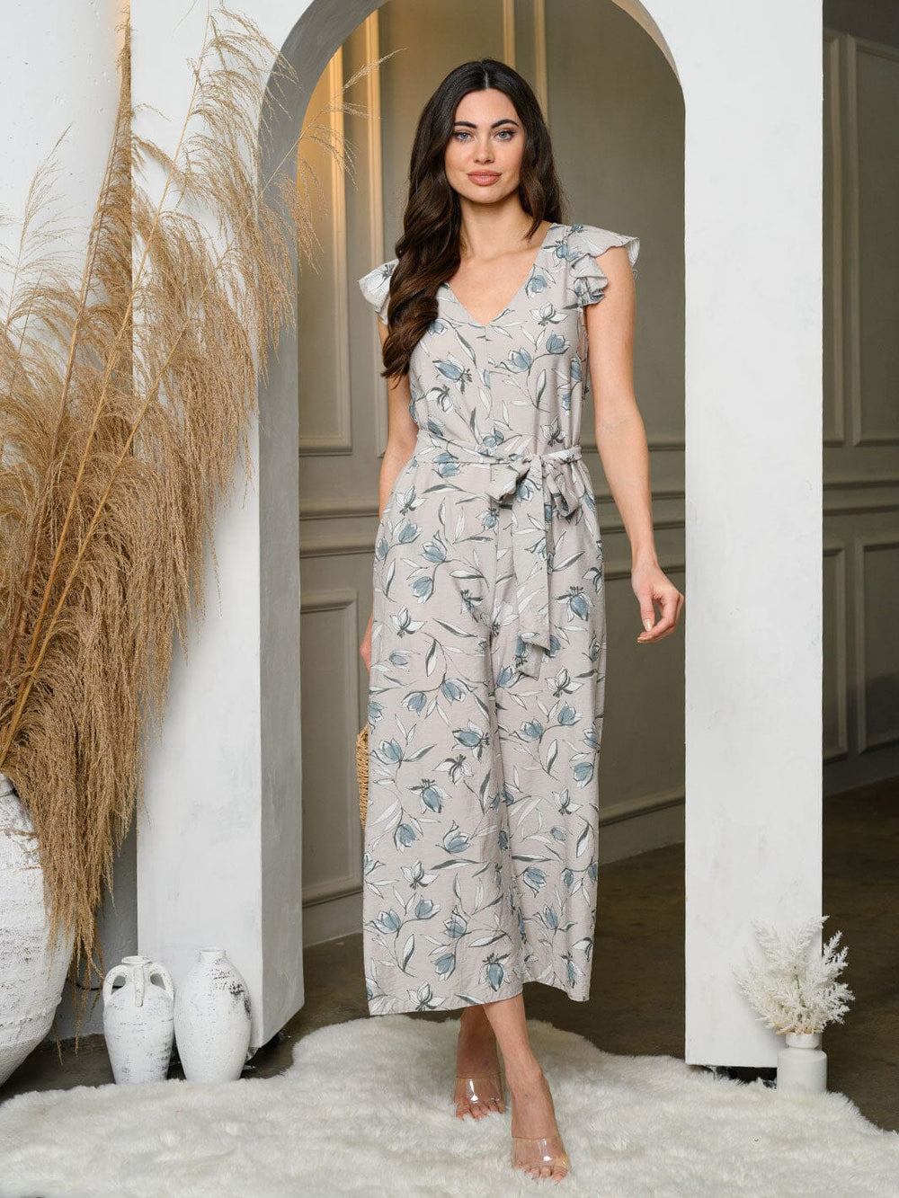 WOMEN'S RUFFLE SLEEVELESS POCKETS SELF TIE FLORAL JUMPSUIT