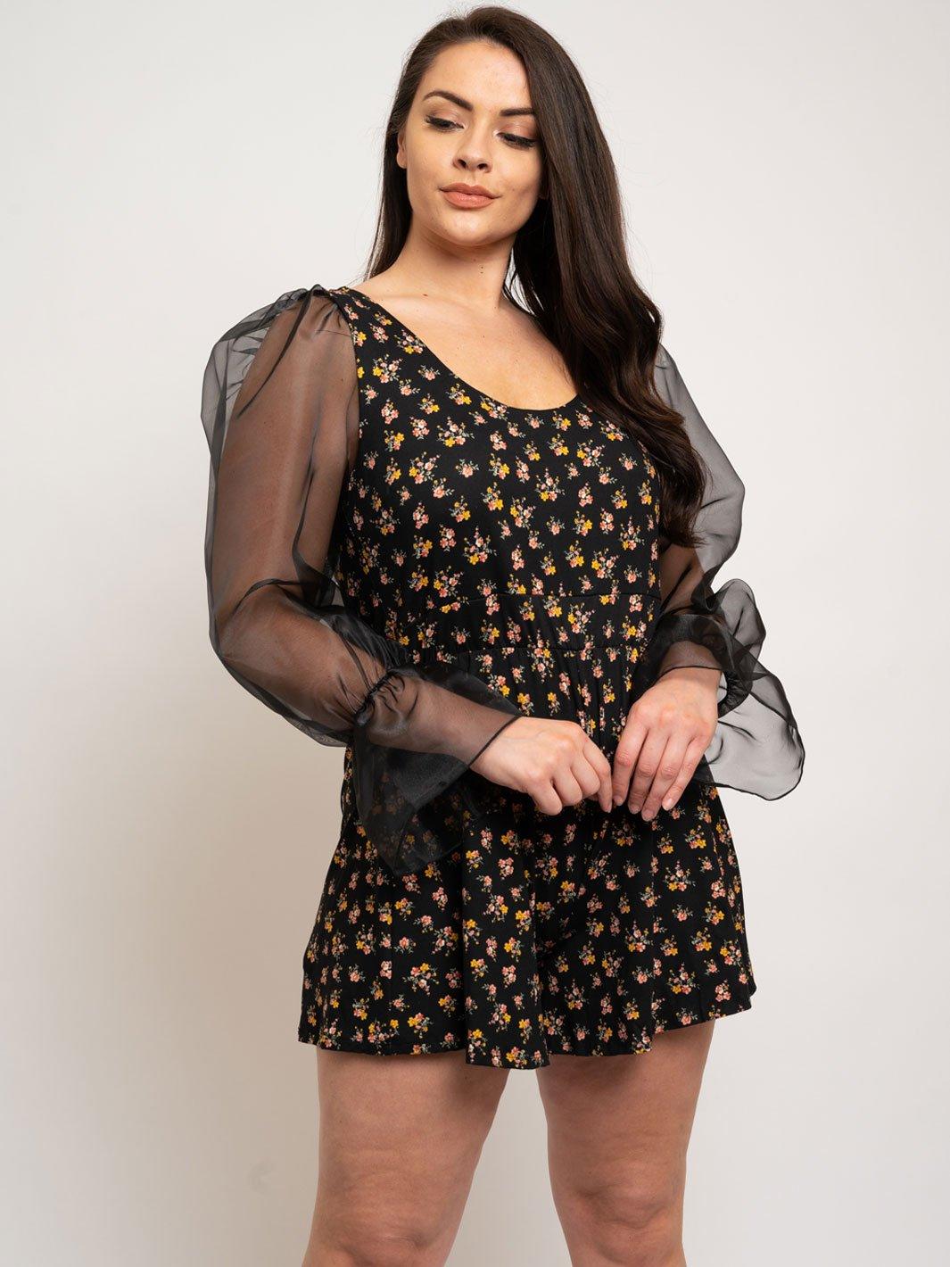 PLUS SIZE BLACK FLORAL LONG SLEEVE ROMPER