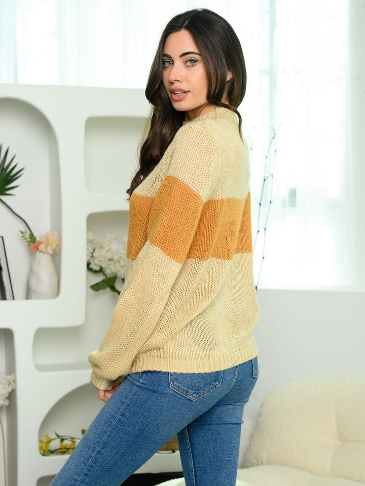 WOMEN'S LONG SLEEVE COWL NECK COLOR BLOCK SWEATER