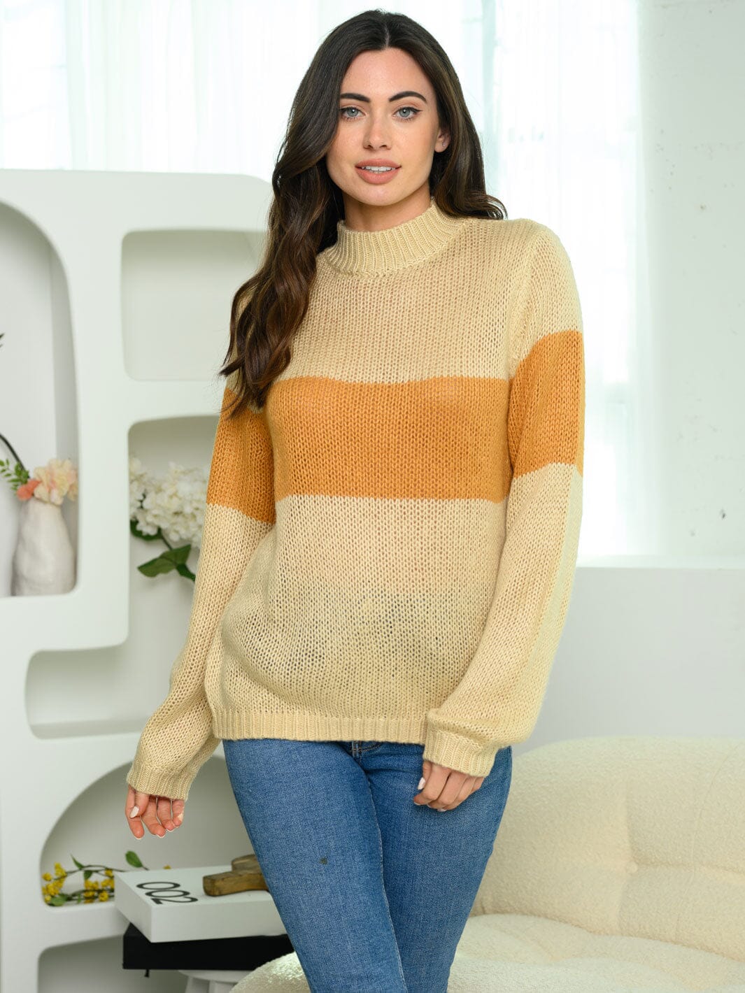 WOMEN'S LONG SLEEVE COWL NECK COLOR BLOCK SWEATER