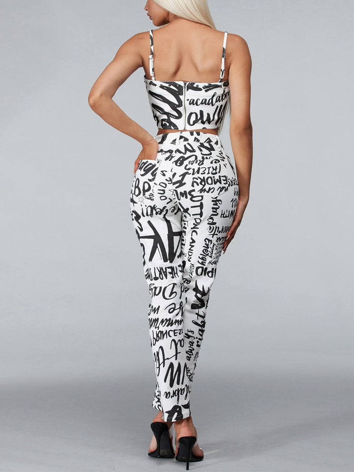 WOMEN'S SLEEVELESS 2PC. TOP & PANTS GRAPHIC DENIM SET