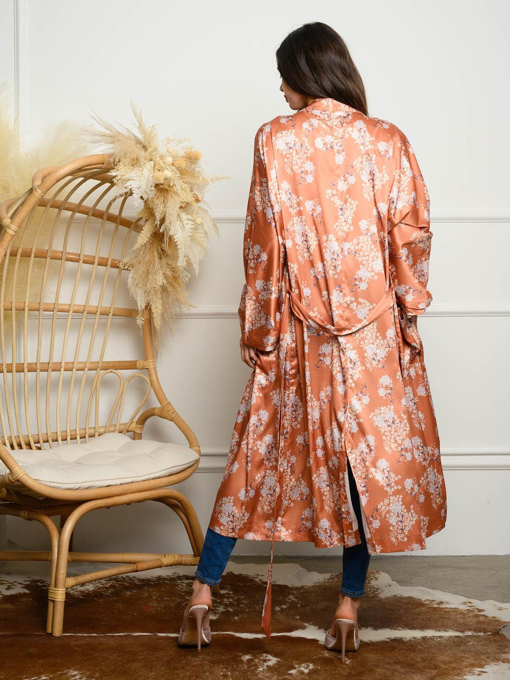 WOMEN'S SELF TIE POCKETS FLORAL LONG KIMONO