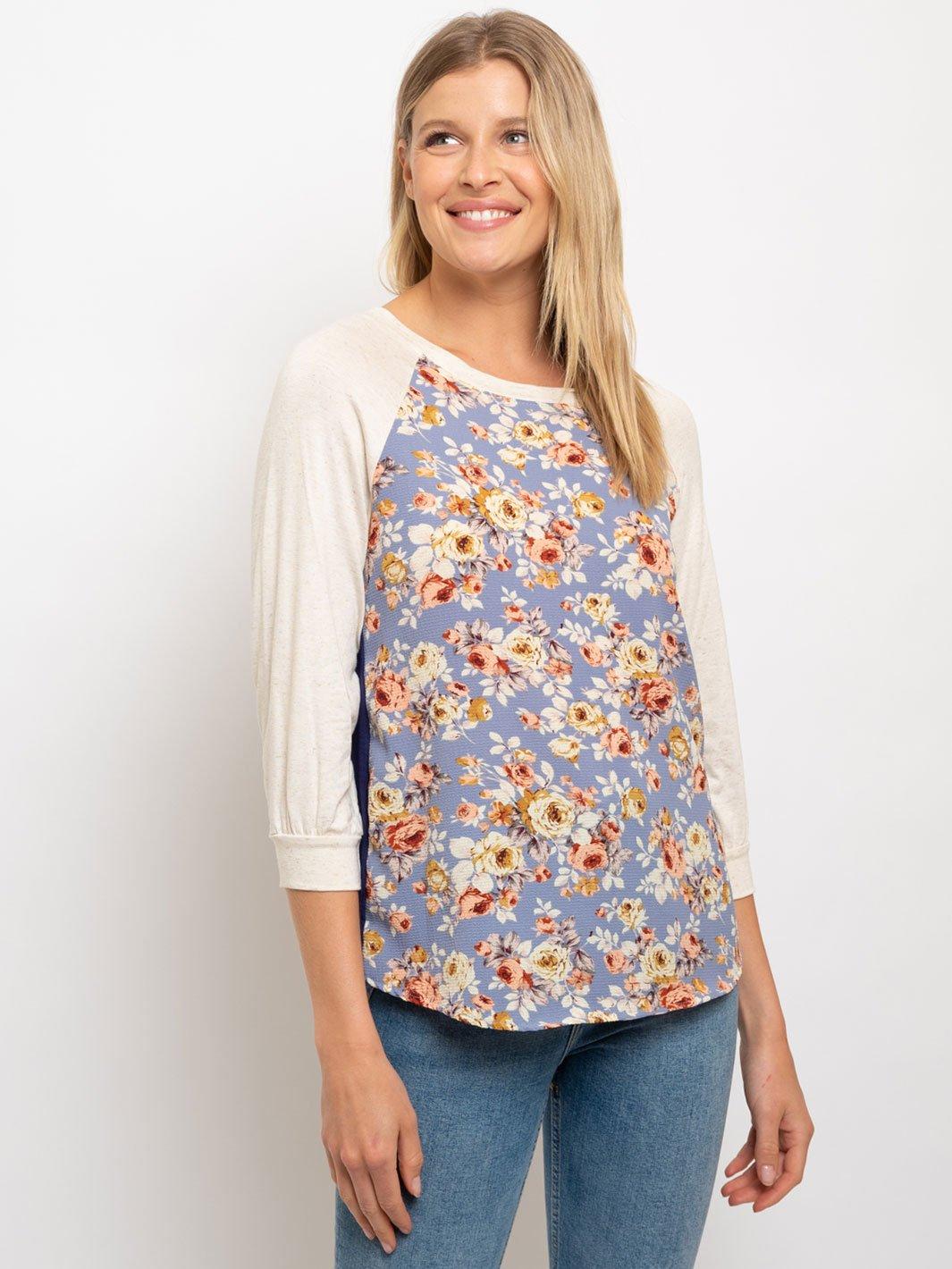 WOMEN'S 3/4 SLEEVE FLORAL PRINT CONTRAST TOP
