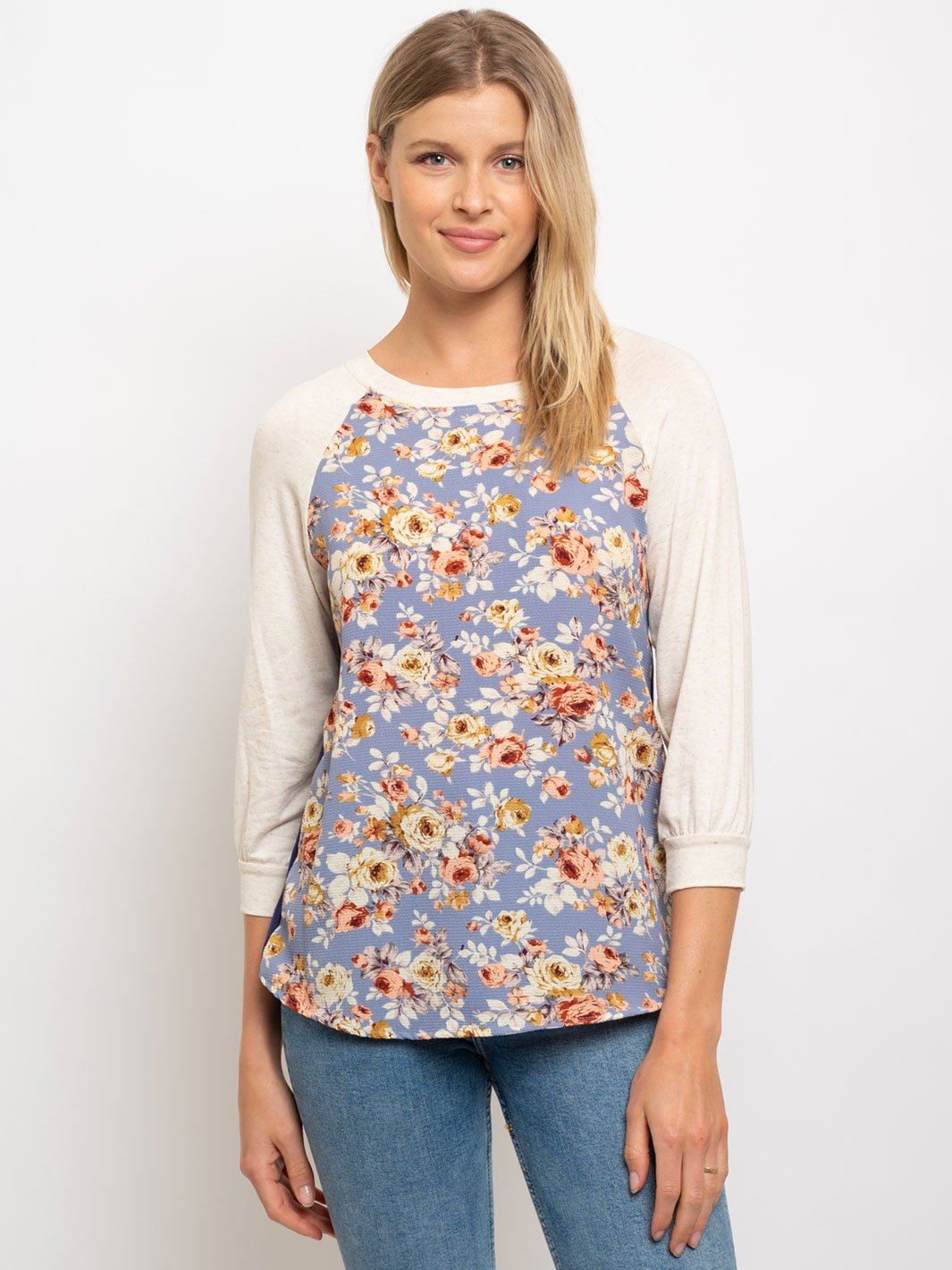 WOMEN'S 3/4 SLEEVE FLORAL PRINT CONTRAST TOP