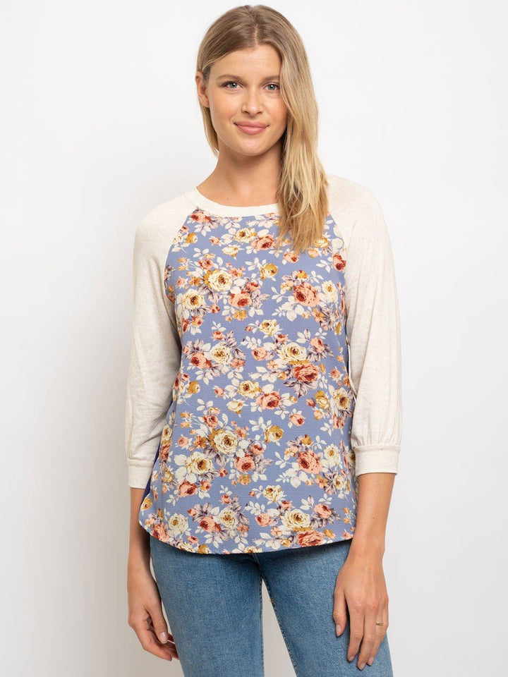 WOMEN'S 3/4 SLEEVE FLORAL PRINT CONTRAST TOP