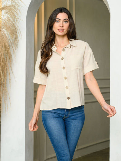 WOMEN'S SHORT SLEEVE BUTTON UP LOOSE FIT TOP