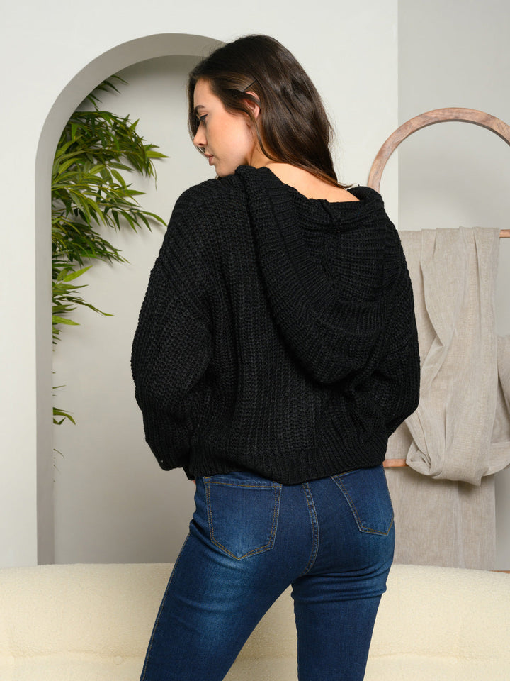 WOMEN'S KNIT LONG SLEEVE HOODED ZIPPER CLOSURE JACKET