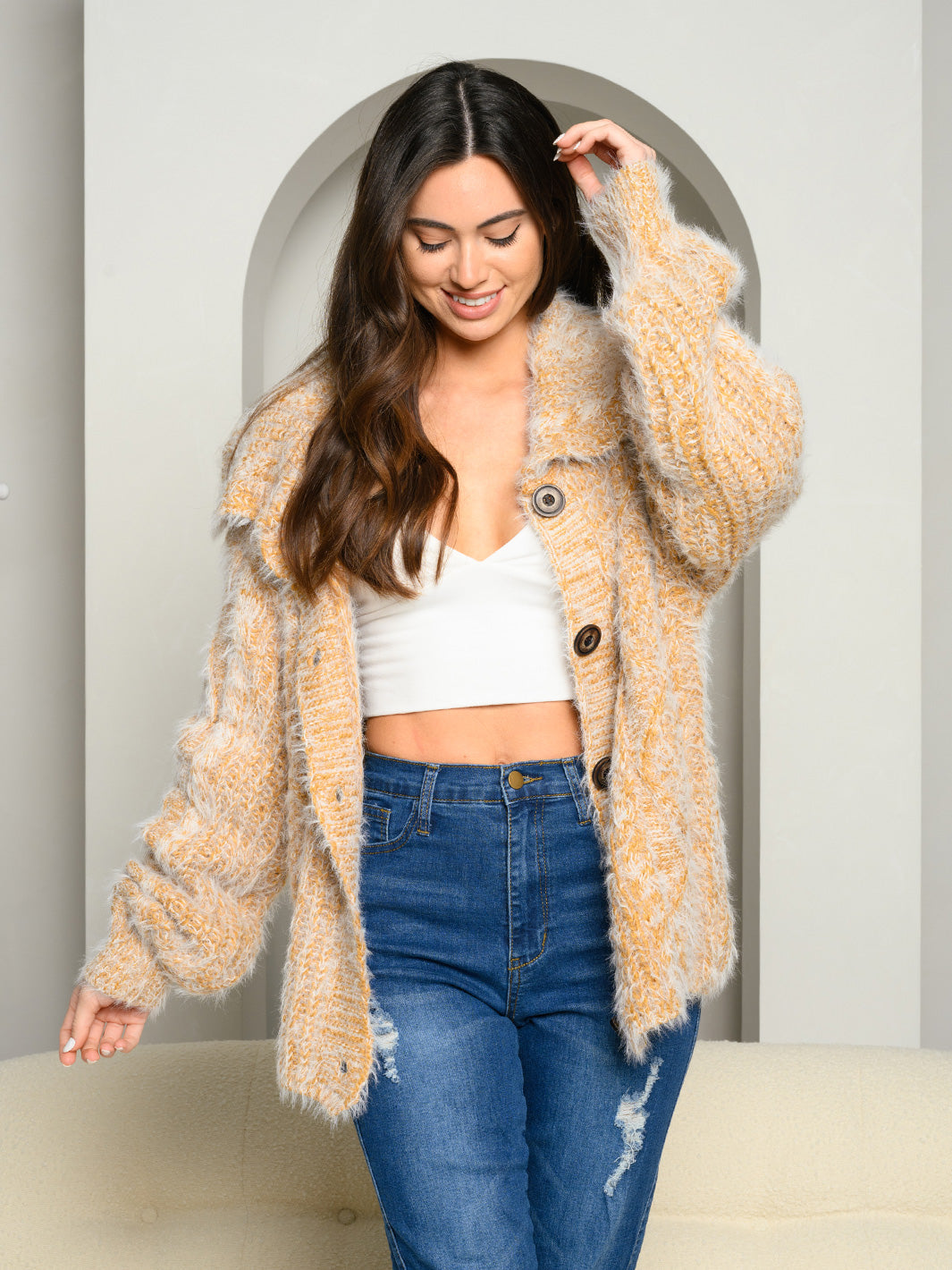 WOMEN'S FUZZY BUTTON UP CARDIGAN SWEATER