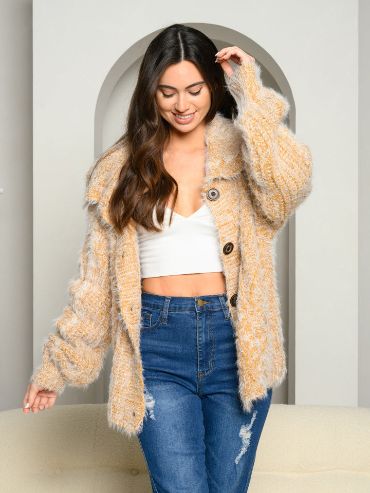 WOMEN'S FUZZY BUTTON UP CARDIGAN SWEATER