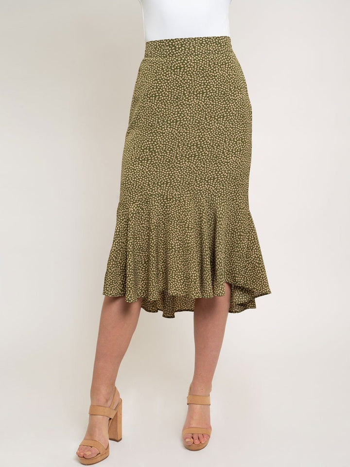 WOMEN'S FIT FLARE HI-LOW MIDI SKIRT